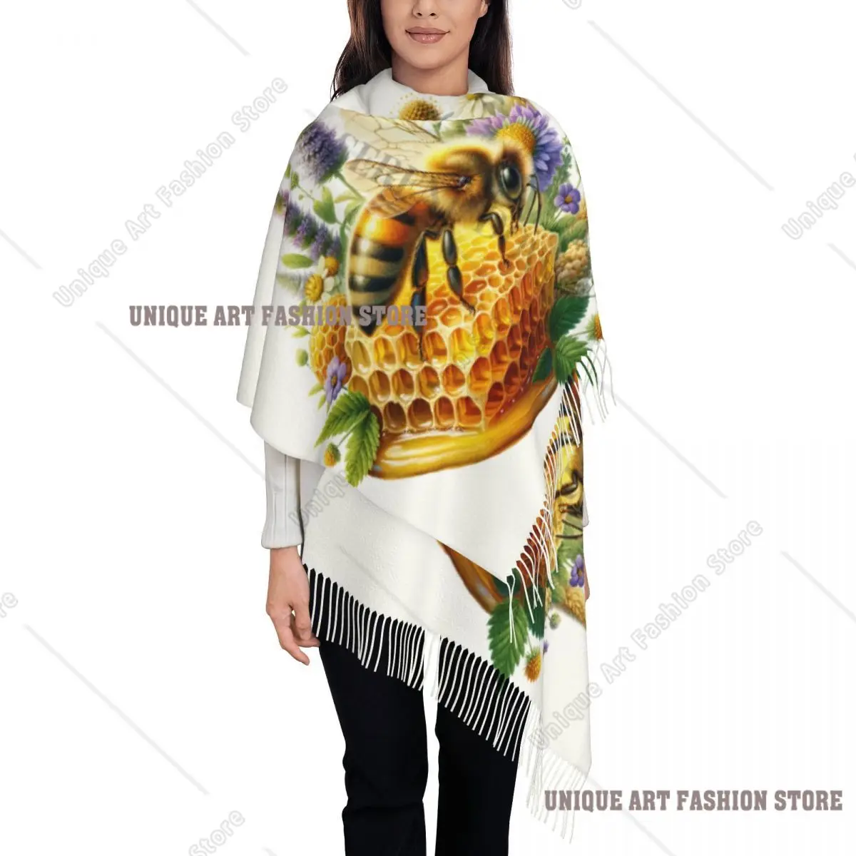 

Custom Bee And Honeycomb Print Tassel Scarf Women Winter Fall Warm Shawls Wraps Lady Scarves
