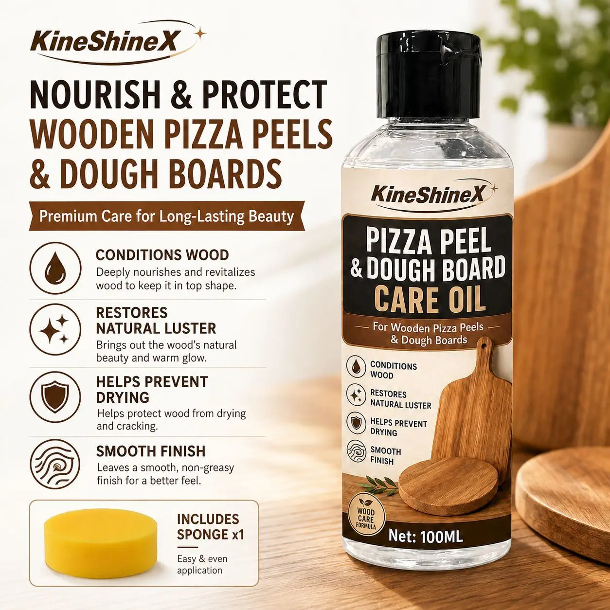 100ML Pizza Peel & Dough Board Care Oil Wood Conditioner with Sponge, Restores Natural Luster, Helps Prevent Drying and Cracking