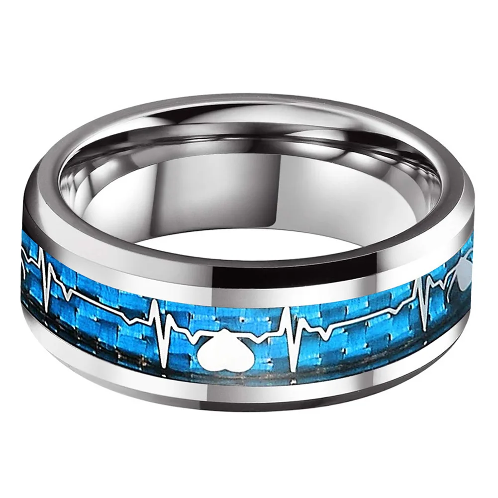 Fashion 8mm SilverBlue Carbon Fiber Heart Inlay Tungsten Carbide Engagement Rings Wedding Bands Domed Polished Shiny Comfort Fit