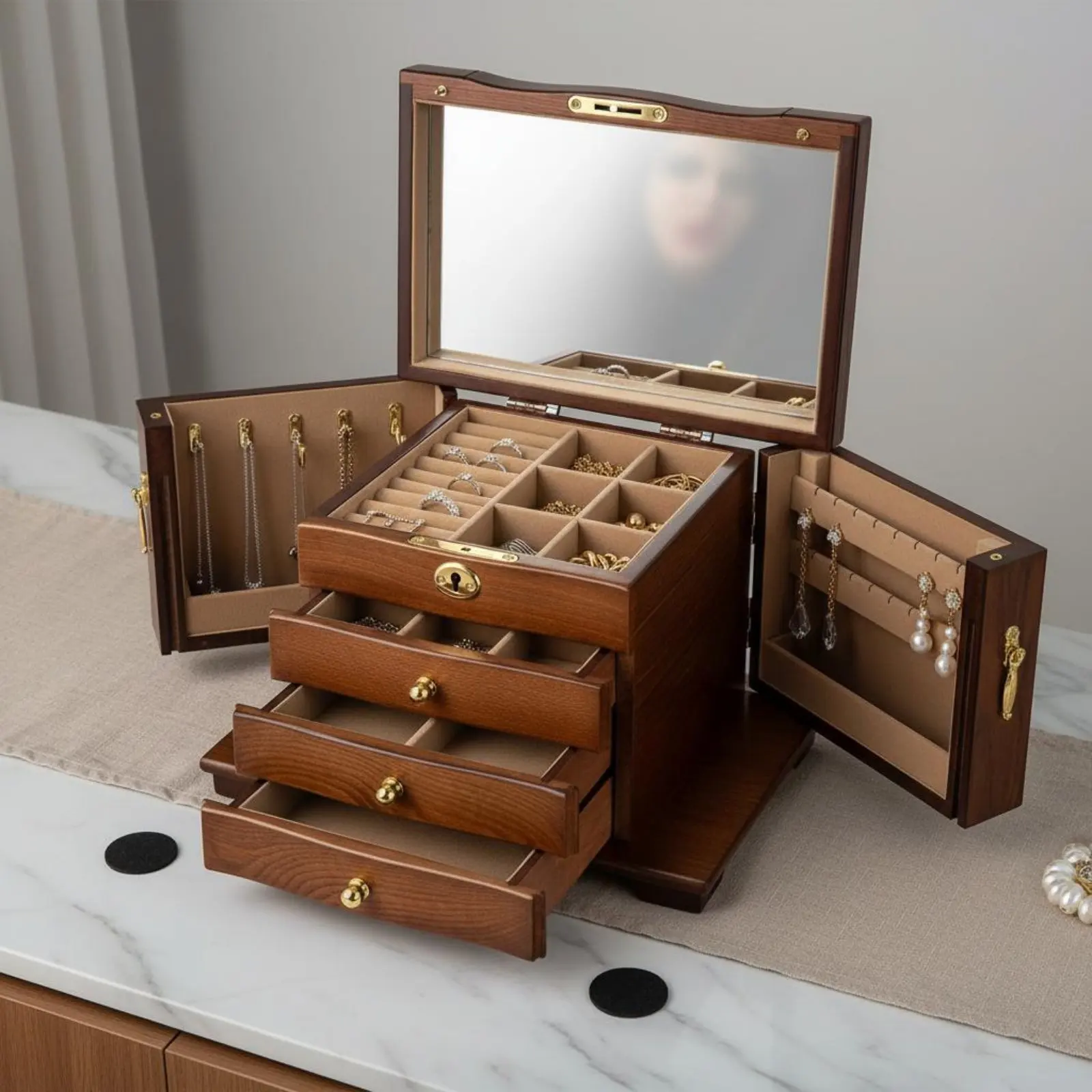 Wooden Jewelry Box Anti-Oxidation Jewelry Box with Mirror