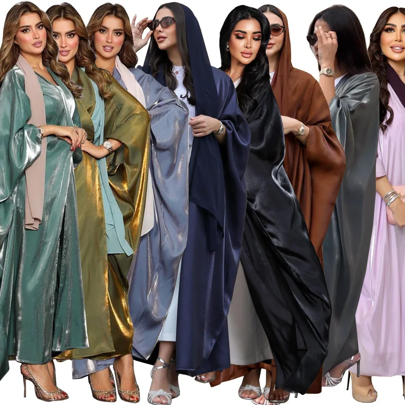 

Women Middle East Muslim Fashion Bright Silk Satin Solid Color Bat Sleeve Robe Loose Long Maxi Dress Abaya