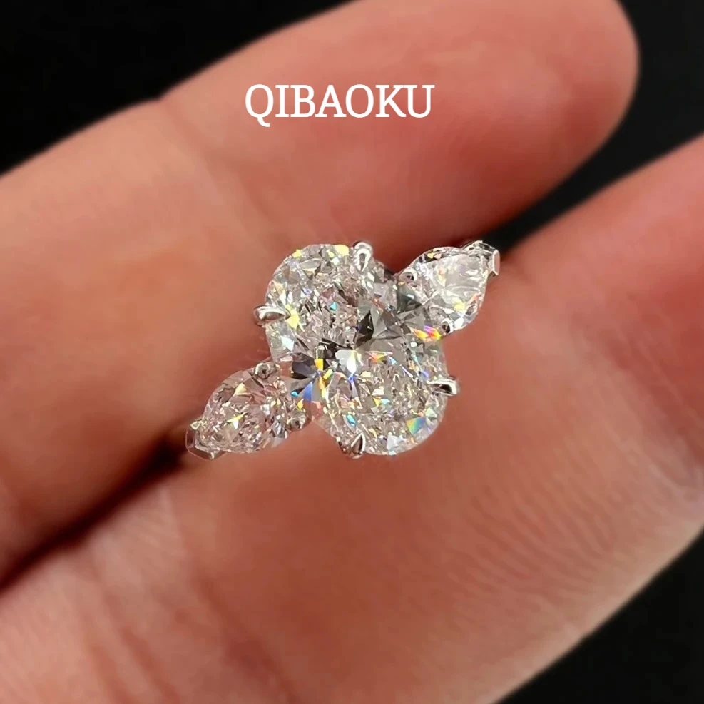 QIBAOKU GRA Certified 2CT Oval Cut Moissanite Rings 925 Sterling Silver for Women 3-Stone Lab Diamond Promise Wedding Jewelry
