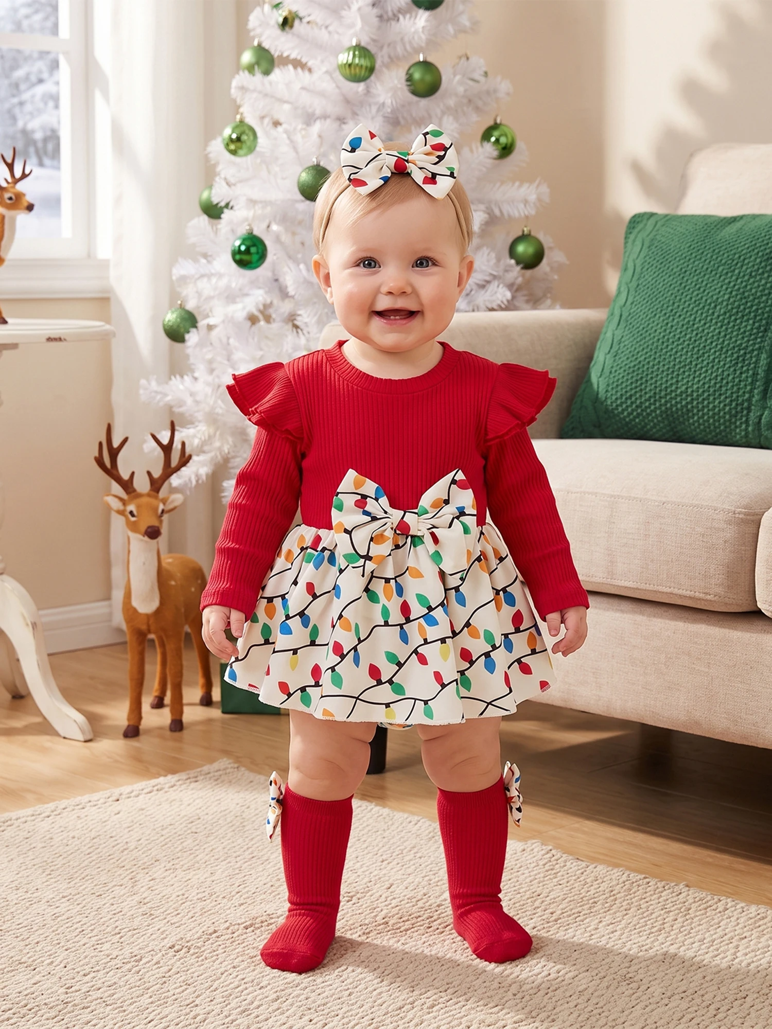 Dress String Lights Print Romper Dress Sleeve Long Sleeve Crew Christmas Outfit Print Romper Dress Bow Headband Lightweight