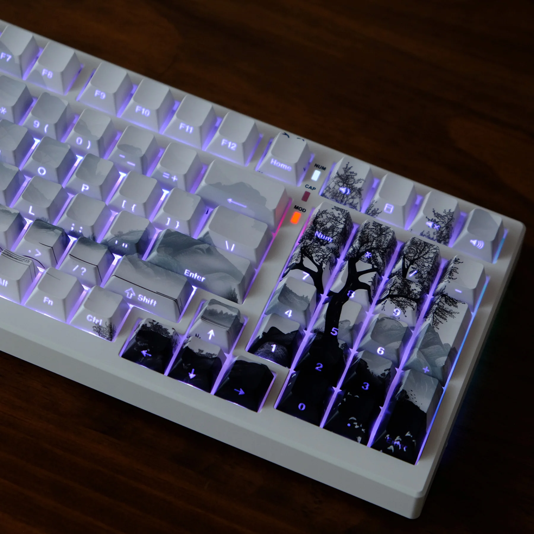 

Ink Wash Painting Dye Sub PBT Keycap 130 Keys Side-lit Shine Through Keycaps Cherry Profile for MX Switch Gaming Keyboard