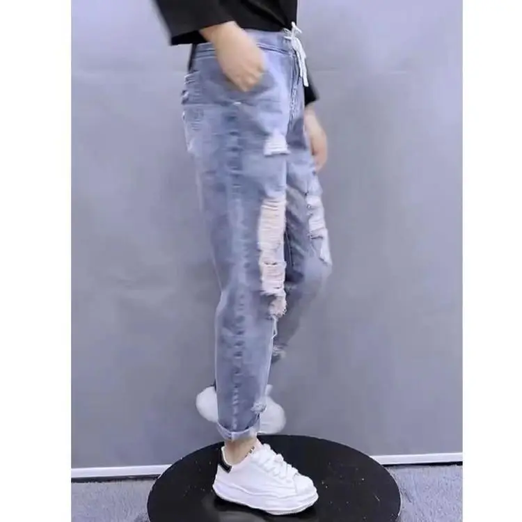 2023 New Distressed Loose Spring/Summer Elastic Jeans Women's Trendy High Waist Straight Leg Slim and Versatile Harlan Pants