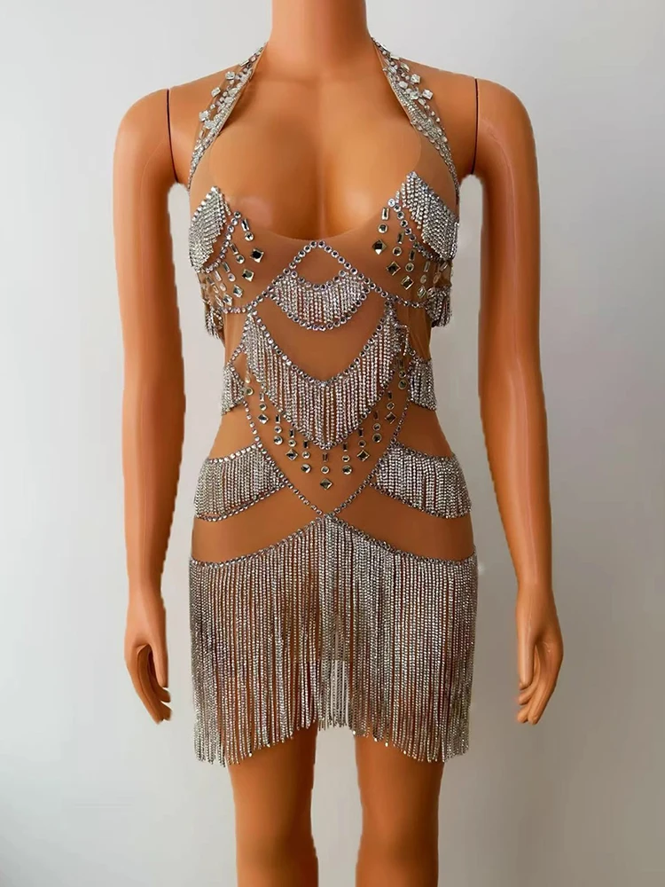 

High Quality Rhinestone Tassel Sexy Neck Hanging Elastic Dress 2025 New Fashion Custom Women'S Clothing
