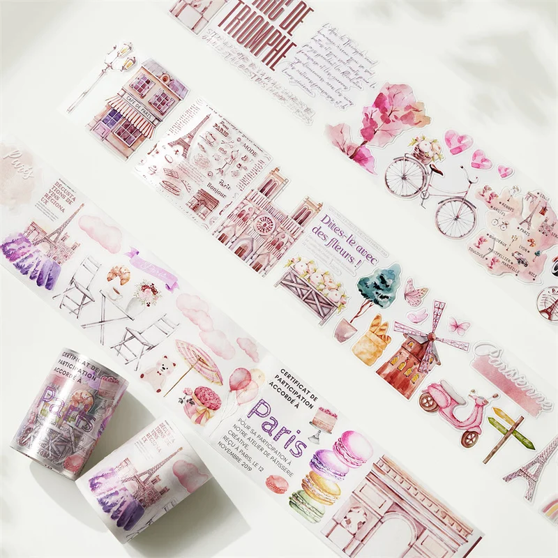 WT New Pre-cut Washi PET Tape Wide Cityscape Masking Tape for Scrapbooking Paris London Ins Journals Agenda DIY Adhesive Sticker