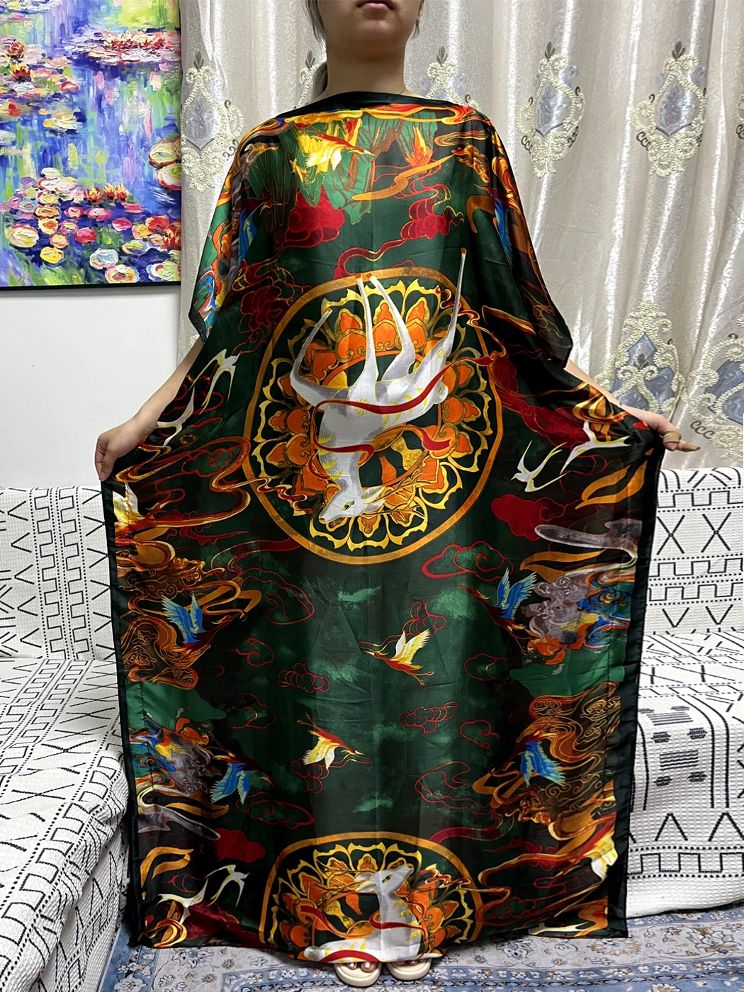 Abayas For Women 2023 Summer Silk Deer Pattern Loose Femme Robe African Nigeria Islam Evening Party Dresses With Belt Turban