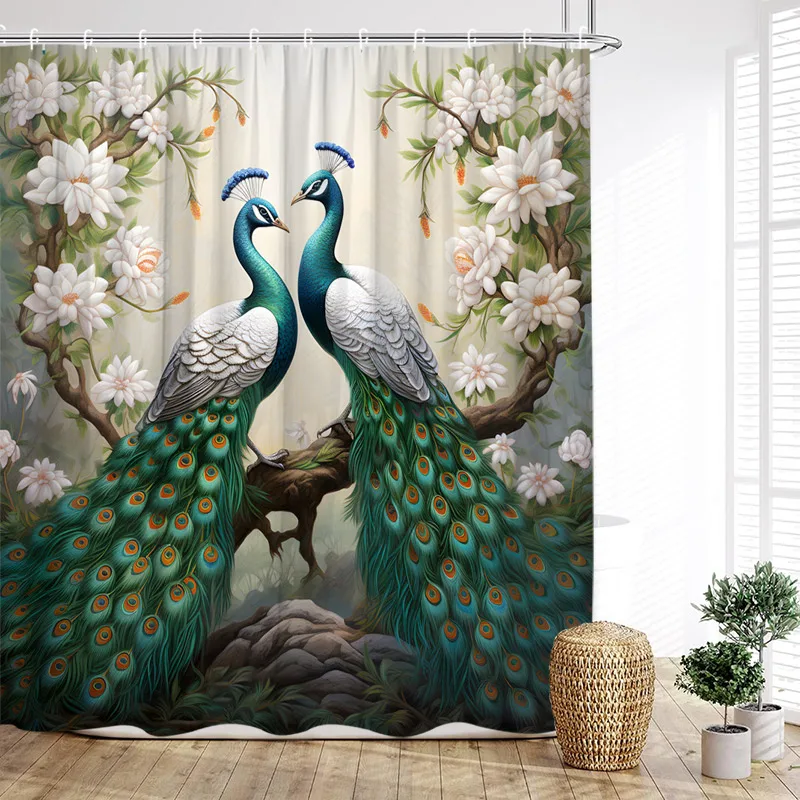 

Green Peacocks Shower Curtains Branch Birds Feathers White Floral Leaves Chinese Style Polyester Fabric Bathroom Curtain Decor