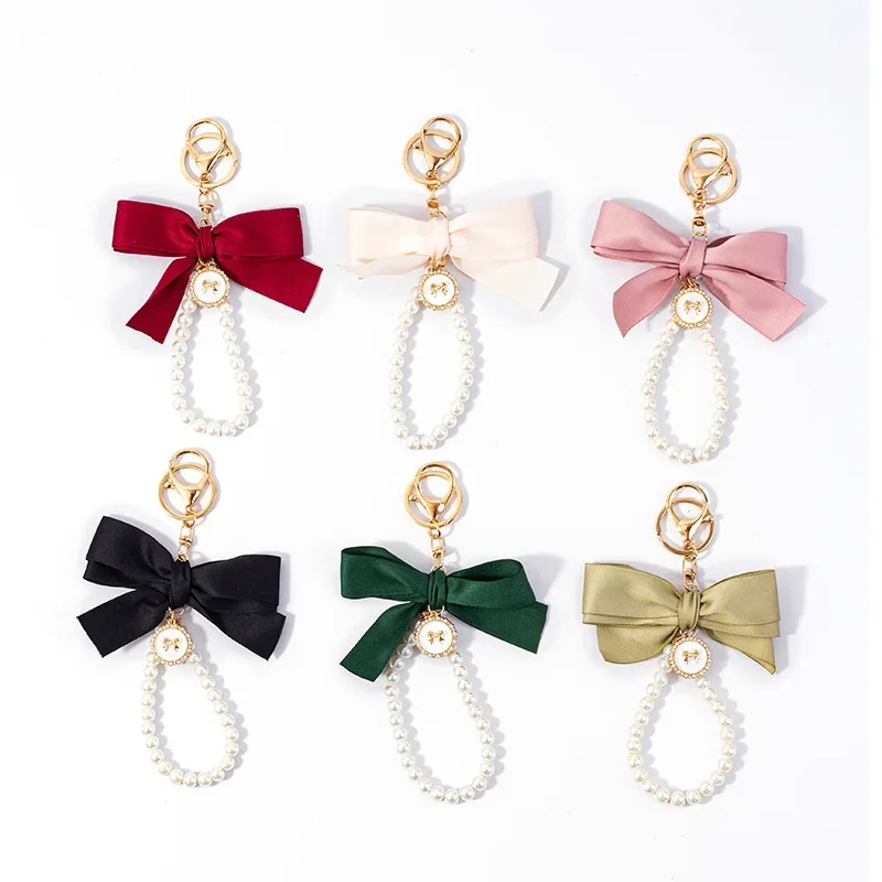 New Faux Pearl Bow Keychain Colorful Fabric Ribbon Pendant Car Keyring Holder Fashion Jewelry Key Accessories Purse Bag Pendant