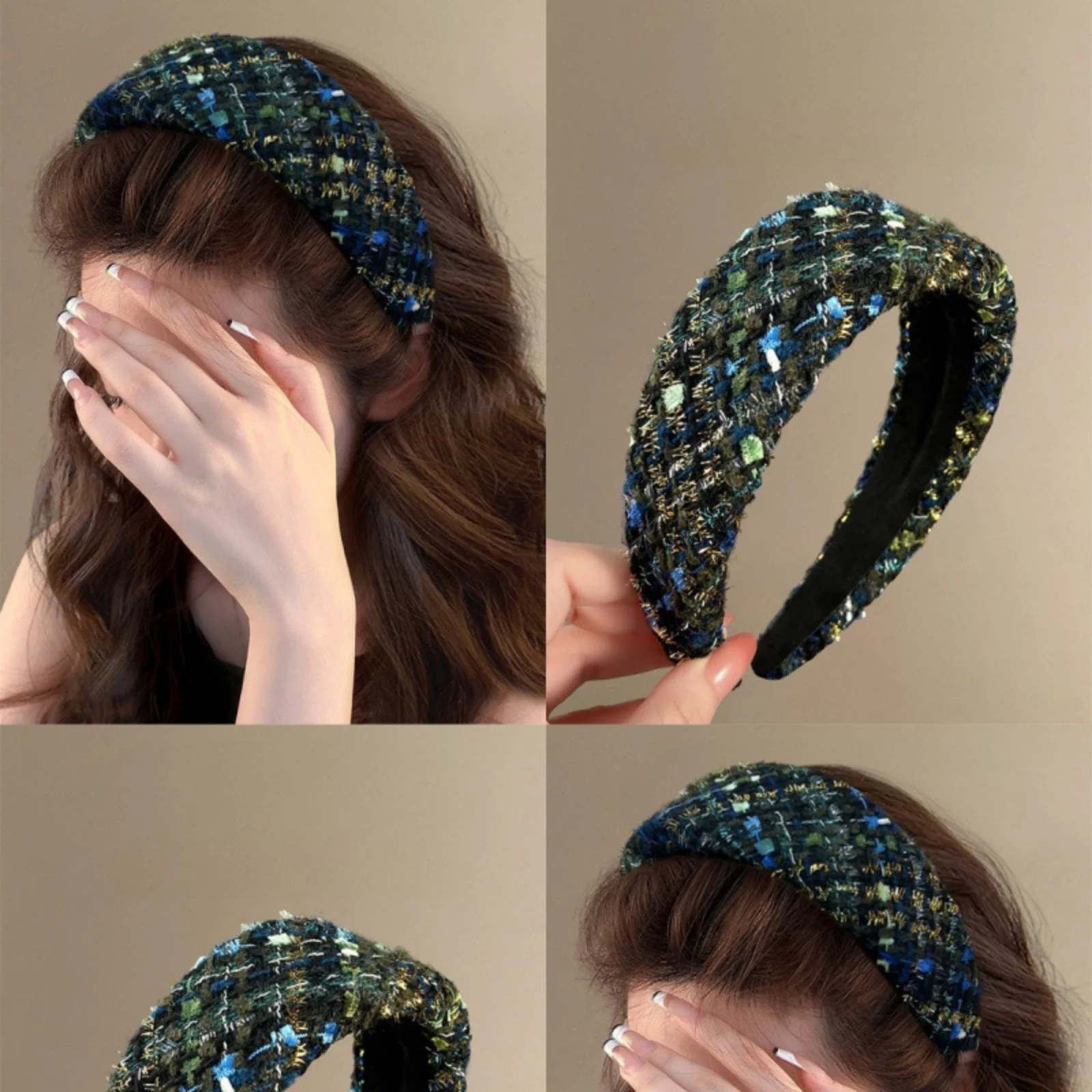 

1 шт., винтажная твидовая повязка на голову для женщин, осенне-зимняя мода, элегантный обруч с широкими полями, аксессуары для волос, стильные волосы