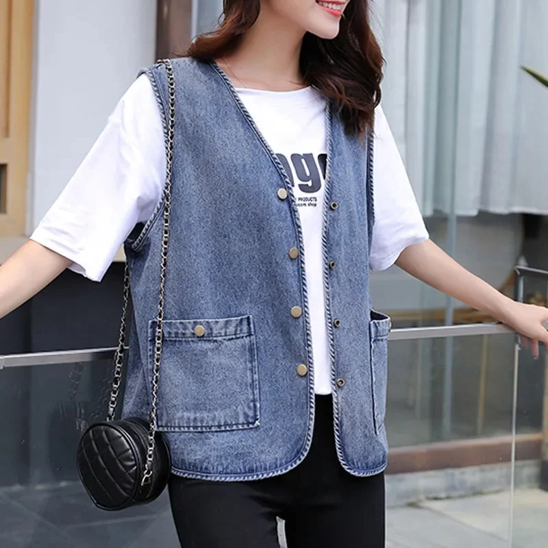 

Cowboy Vest Women's Spring Autumn 2024 New Vest Fashion Waistcoat Jacket Loose Large Size 5XL Denim Coat Pocket Tops Female