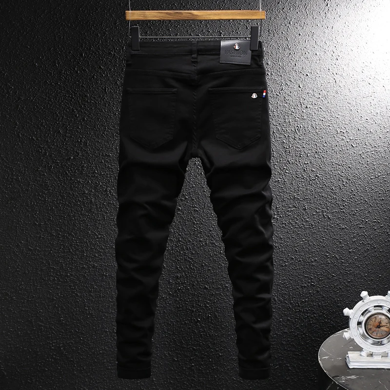 High Street Designer Fashion Men Jeans Black Stretch Slim Fit Hole Ripped Jeans Men Y2K Vintage Casual Denim Pants Hombre
