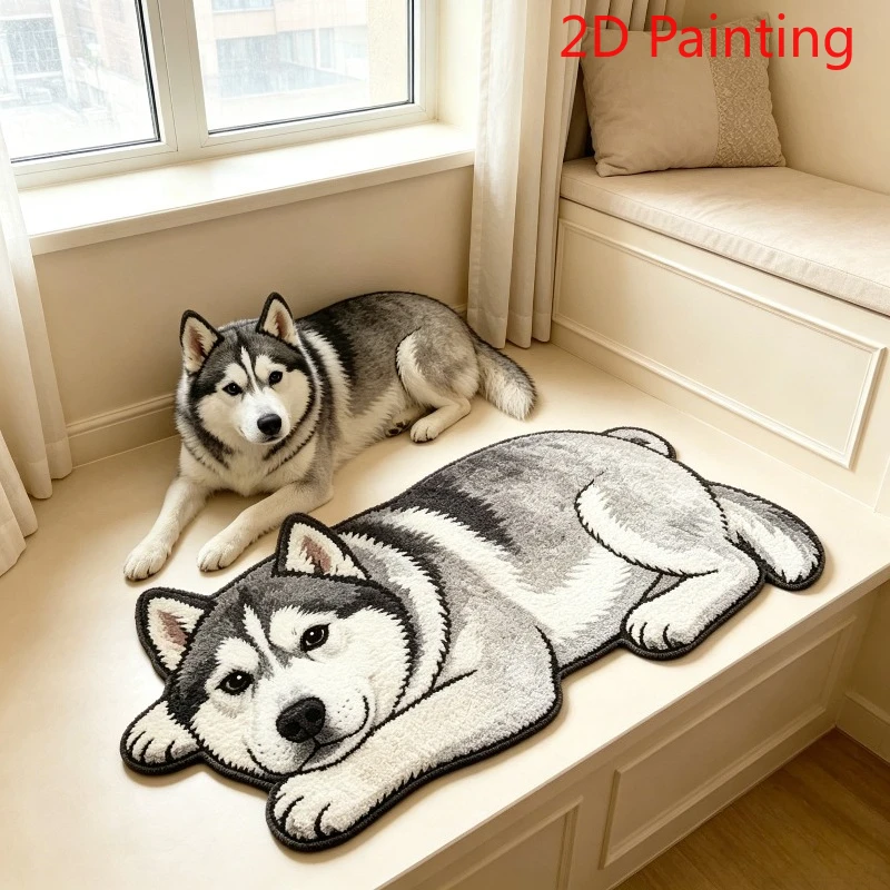 VIKAMA Cute Pet Style Lying Husky Bedside Plush Area Rug for Bedroom Doormat Carpet For Living Room Bathroom Mat Kitchen Rug Hom