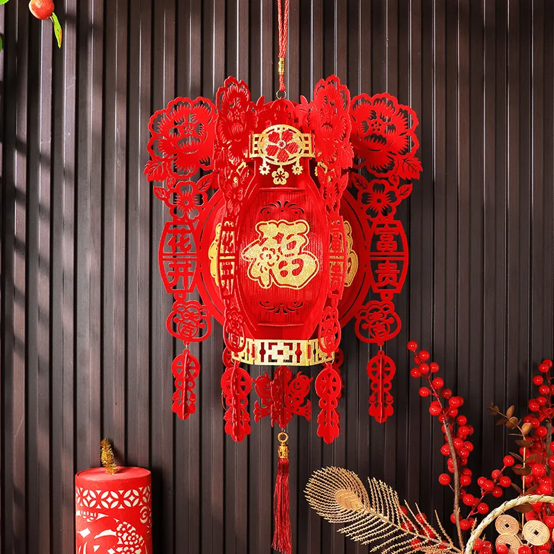 

Chinese Flocking DIY Lantern Lucky 3D Non-woven Lantern Chinese New Year Lantern Spring Festival Decoration Hanging Ornaments