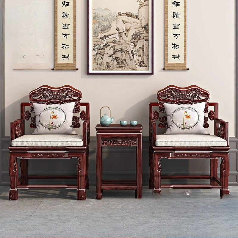 New Chinese-style solid wood Taishi chair armchair three-piece set, rosewood backrest, official hat chair, mahogany tea chair