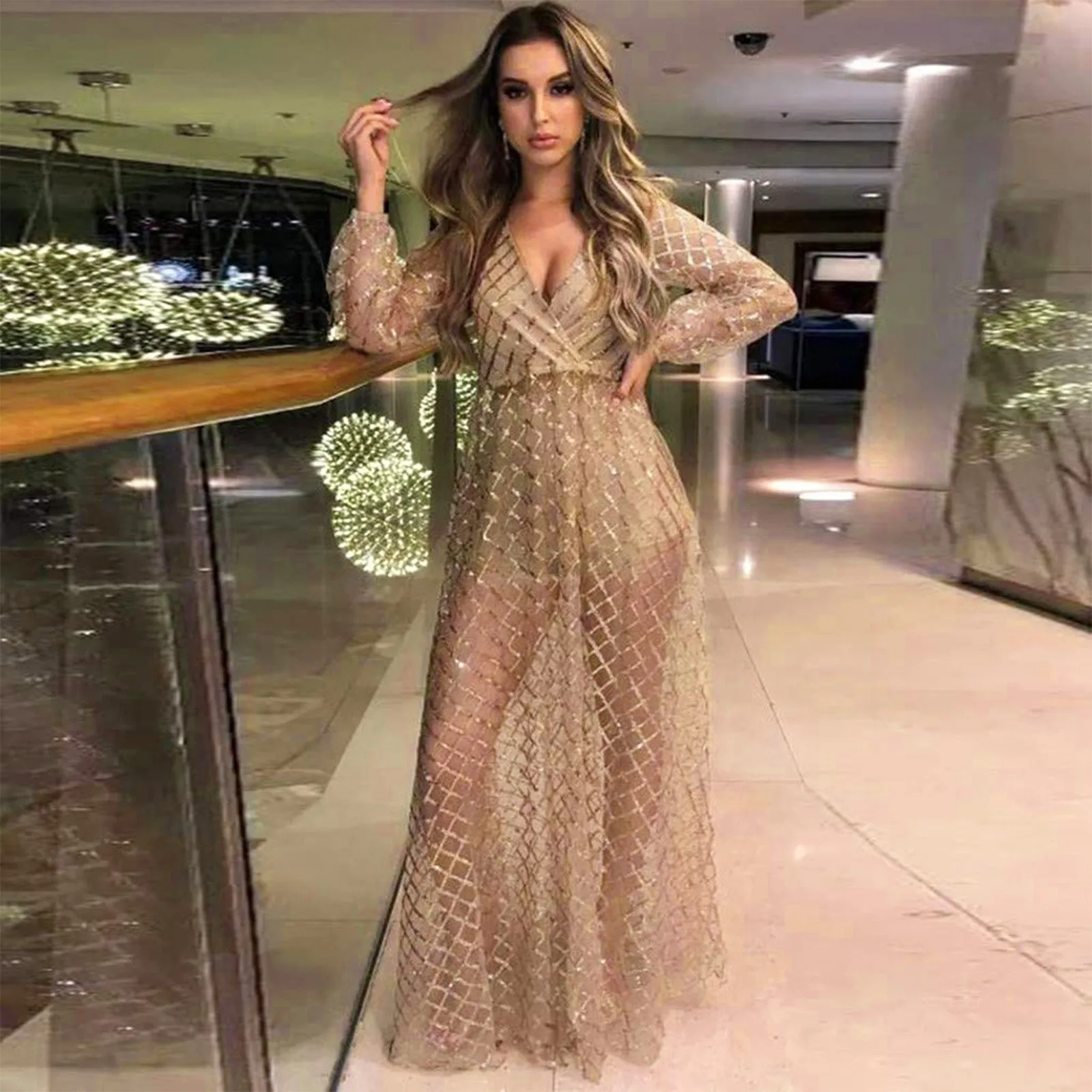 Elegant Women's Long Dresses Long Sleeve V-Neck Floor-Length Gown 2023 Sequined Prom Women A LINE Evening Dress Elbise Kadin