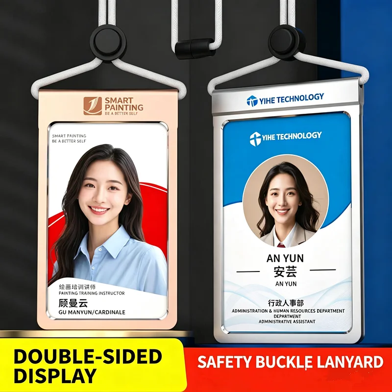 10 Pieces Aluminium Double-Side Work ID Badge Holder With Lanyard Durable Metal ID Card Protector Work ID Name Tags