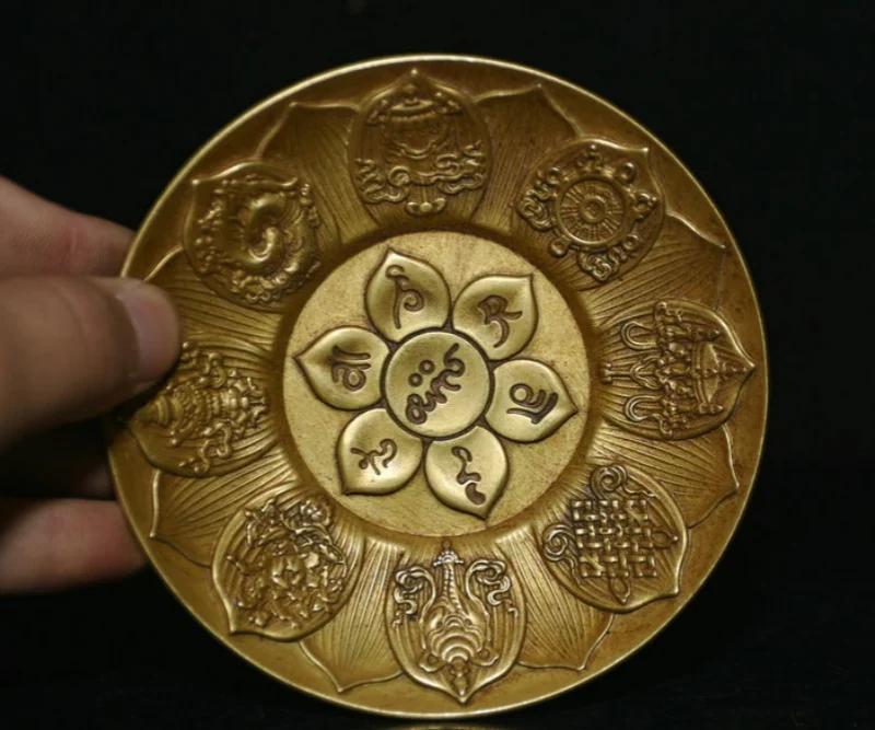 

4-дюймовая старая китайская бронзовая позолоченная тарелка с благоприятным символом фэншуй, тарелка на удачу