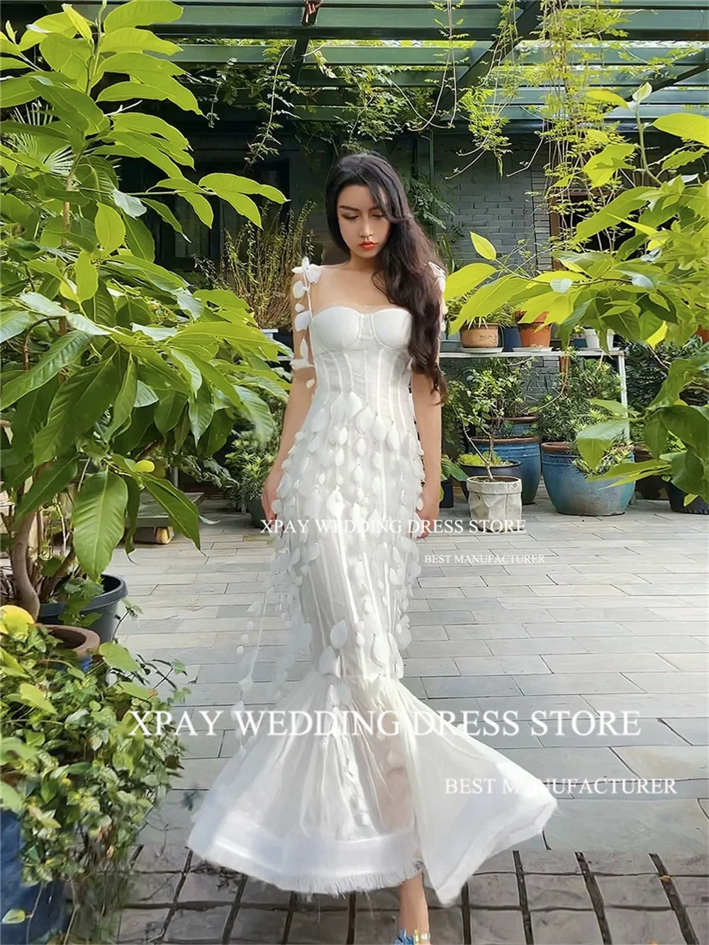 XPAY Sweetheart Korea Mermaid Wedding Dresses Spaghetti Straps 3D Lace Tassel Bridal Gown Photos Shoot Corset Ruched Bride Dress