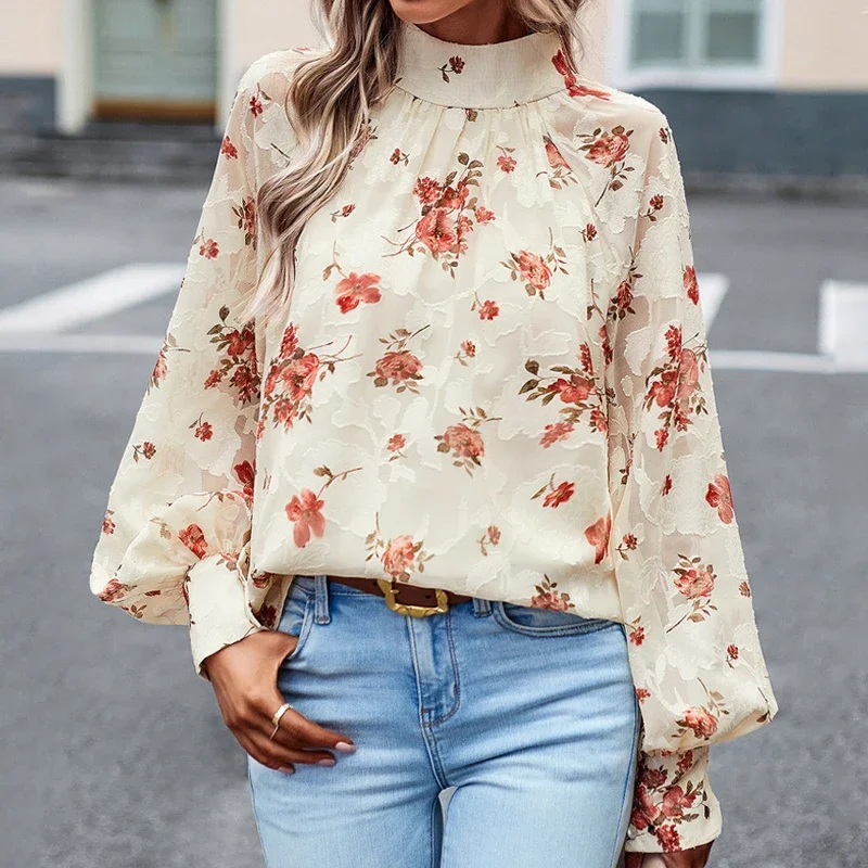 Vintage Bow Bandage Printed Simple Blouse Women Autumn 2023 Elegant Lantern Long Sleeve Tops Loose Casual Floral Shirts 30053