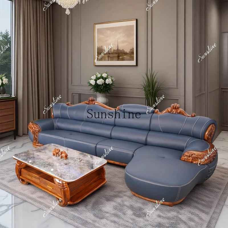 Ebony leather sofa first layer cowhide new Chinese style large black gold carving  FT