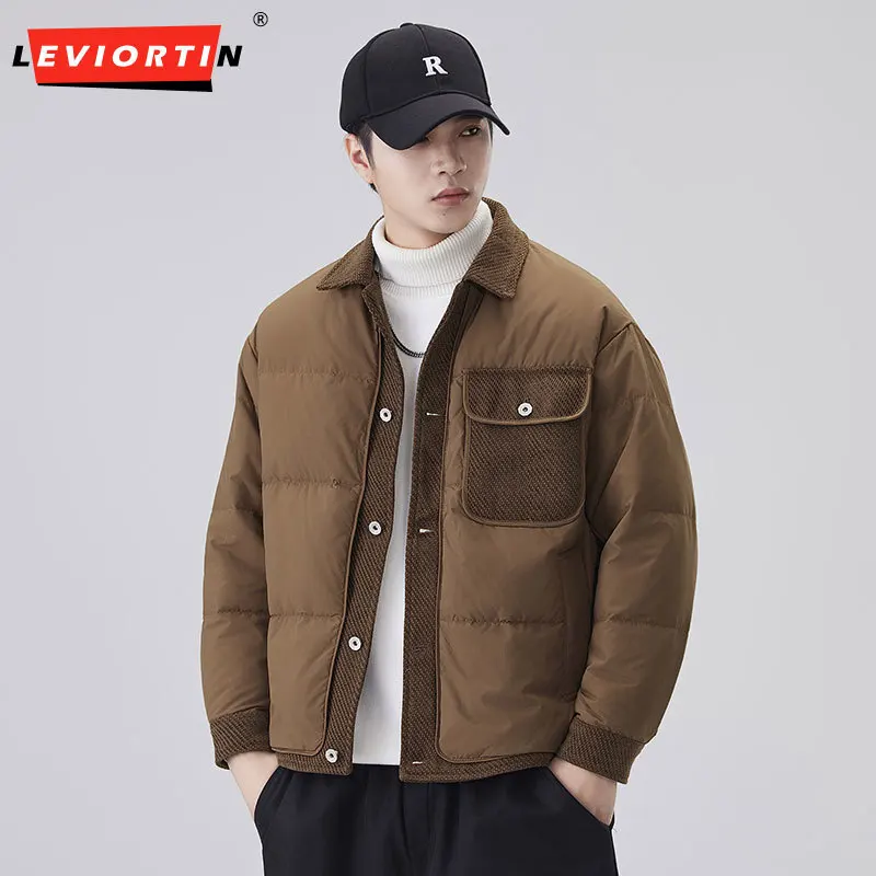 Winter Men's White Duck Down Jacket Thermal Outerwear Chest Pocket Outdoor Leightweight Warm Cold-Proof Lapel Collar Down Jacket