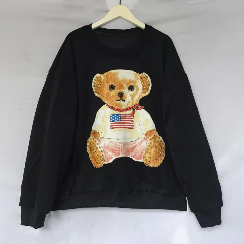 Fall/Winter 2024 New Women's Sweatshirt Diamond Decoration Ralph Bear National Flag High-end Quality Men's Lauren Polo Pullover