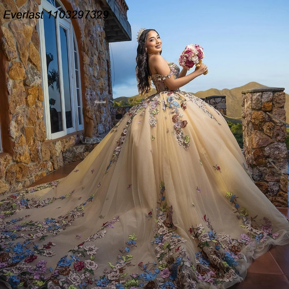 

EVLAST блестящее платье Quinceanera цвета шампанского, бальное платье с цветочной аппликацией, корсет из бисера, милое платье 16, Vestido De 15 Anos, индивидуальный заказ QD1183