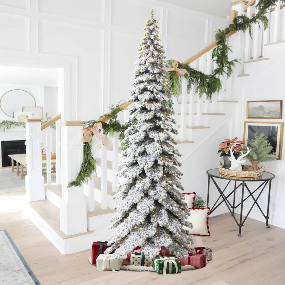 12ft Christmas Tree with 900 Warm White Lights, Three Function, Pre-Lit Flocked Layered Slim Spruce Artificial Christmas Tree