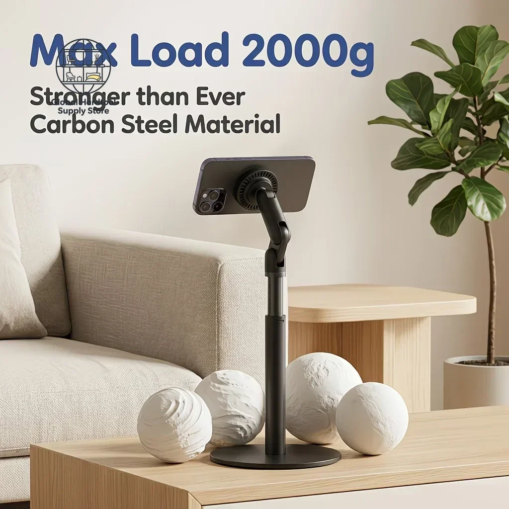 360° Rotatable Magnetic Phone Stand, Adjustable Height Desktop Phone Holder, Carbon Steel Tablet Stand with Strong Magnet, Hands