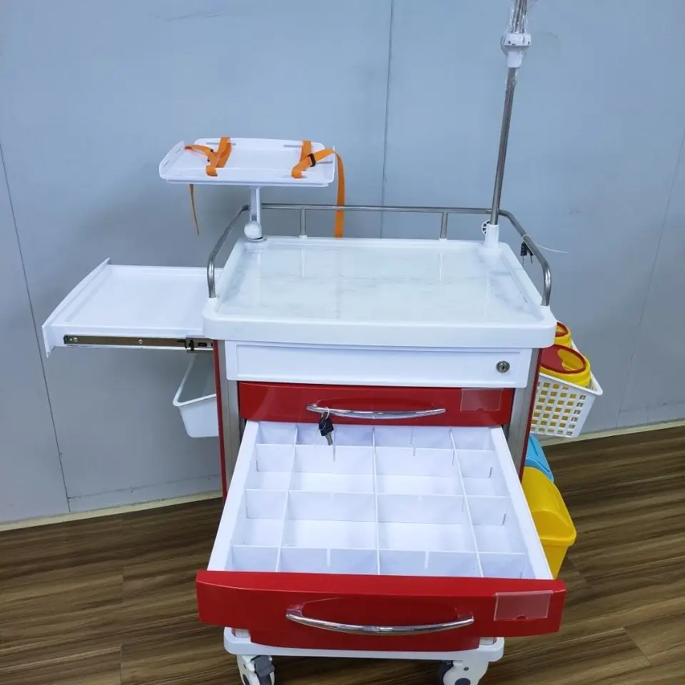 Medical Red Emergency Ambulance Multi-Function Nursing Trolley Drugs Instrument Anesthesia Cart Tail Strop Defibrillator Press