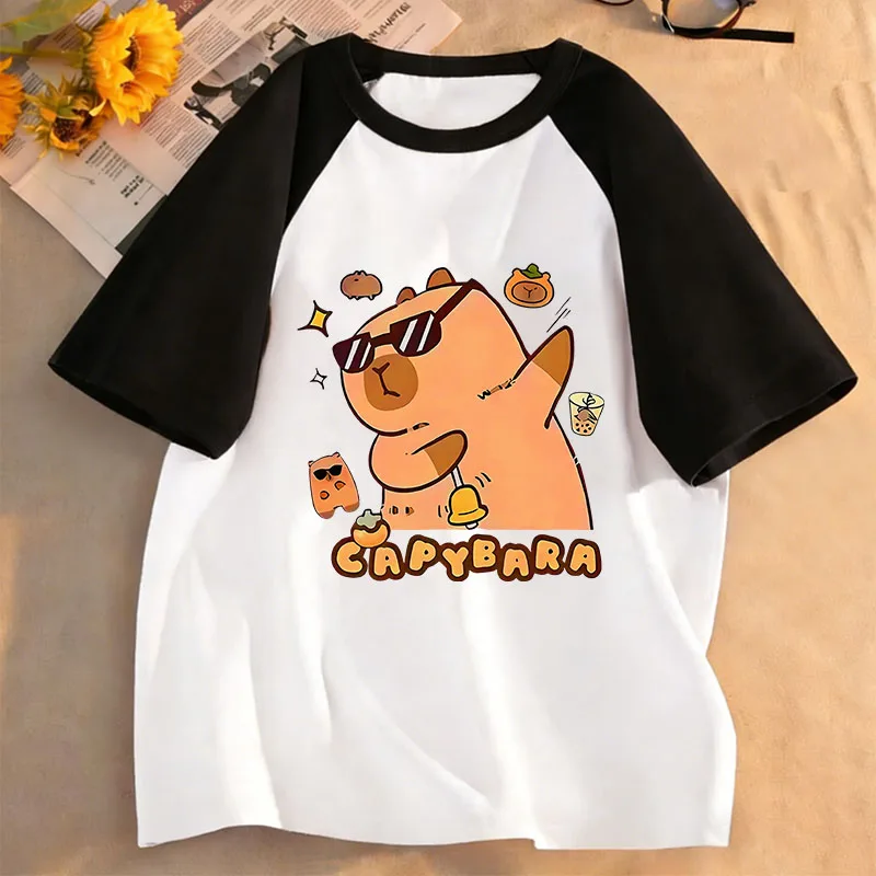 Summer Spring Cute Capybara Print Round Neck Short Sleeved Tee Shirt for Boys and Girls Fashionable Simple Children's T-shirt