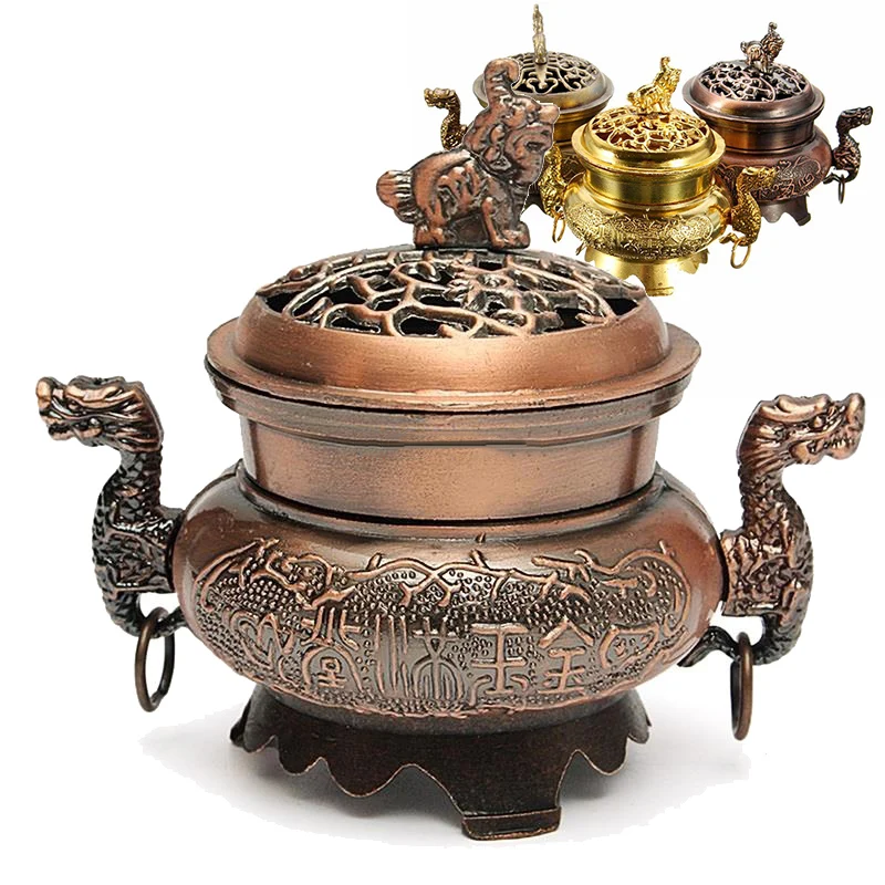 1pc Incense Burner Double Dragon Style Hollow Cap Alloy Censer Cone Holder Decor Fragrance Incensory Metal Craft Home Decoration