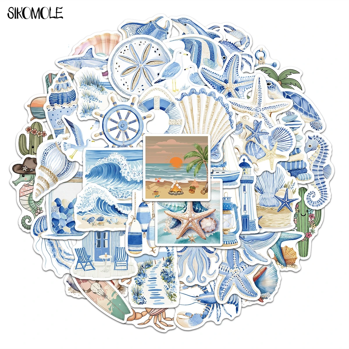 10/30/50PCS Trendy Blue Seashore Graffiti Sticker for Tumbler Smartphone Original Beach Ornament DIY Classic Toy Stickers