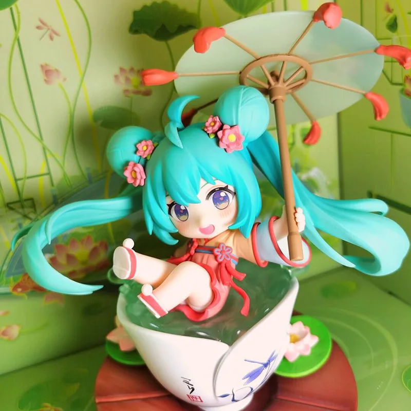 Bandai hatsune miku lotus teich spielen q version kawaii mini action figur modell puppe spielzeug kind geburtstags geschenk sammel verzierung