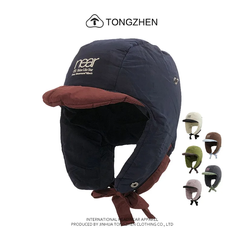 Korean Vintage Padded Aviator Bomber Hats for Men Women Color Block Brim Earflap Windproof Thick Tie Warm Outdoor Winter Caps