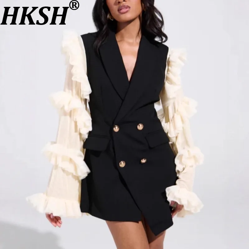 

HKSH весенне-осенний новый женский пиджак двубортный с рюшами и длинными рукавами в стиле пэчворк, облегающий элегантный модный модный пиджак HK13405