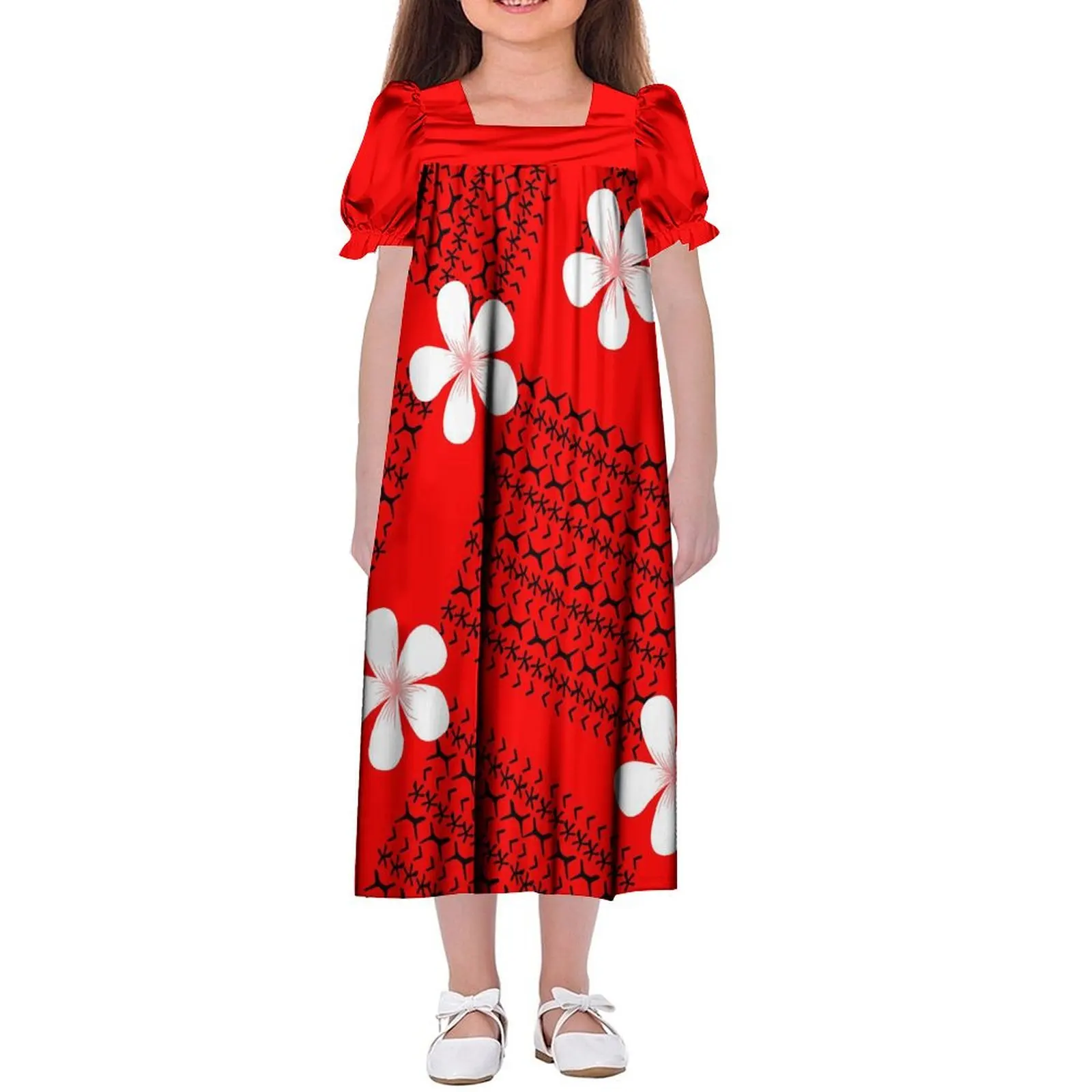 

High Quality Summer Girls Mumu Puffy Sleeve Dress Children'S Short Sleeve Maxi Polynesian Tribal Design Print