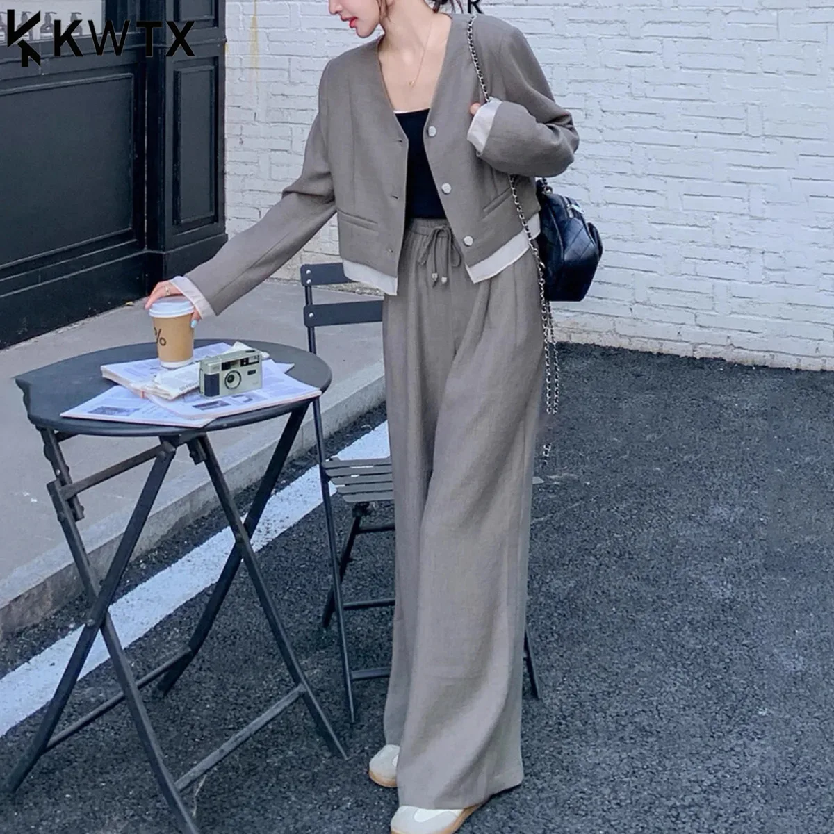 

KWTX Элегантный женский пиджак с V-образным вырезом, кружевными манжетами и широкими брюками, струящийся облегающий офисный костюм, удобный шикарный наряд