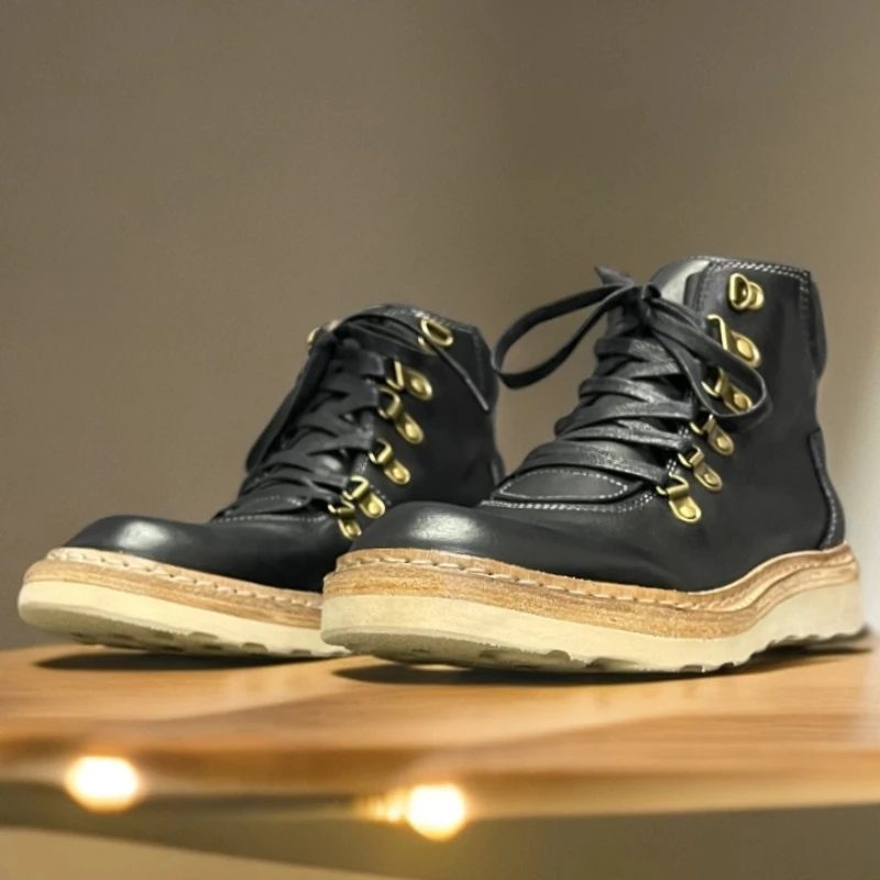 

British Original Design's Handmade Washed Cowhide Shoes for Men's Retro High-top Heightening Boots Genuine Leather Tooling Boots