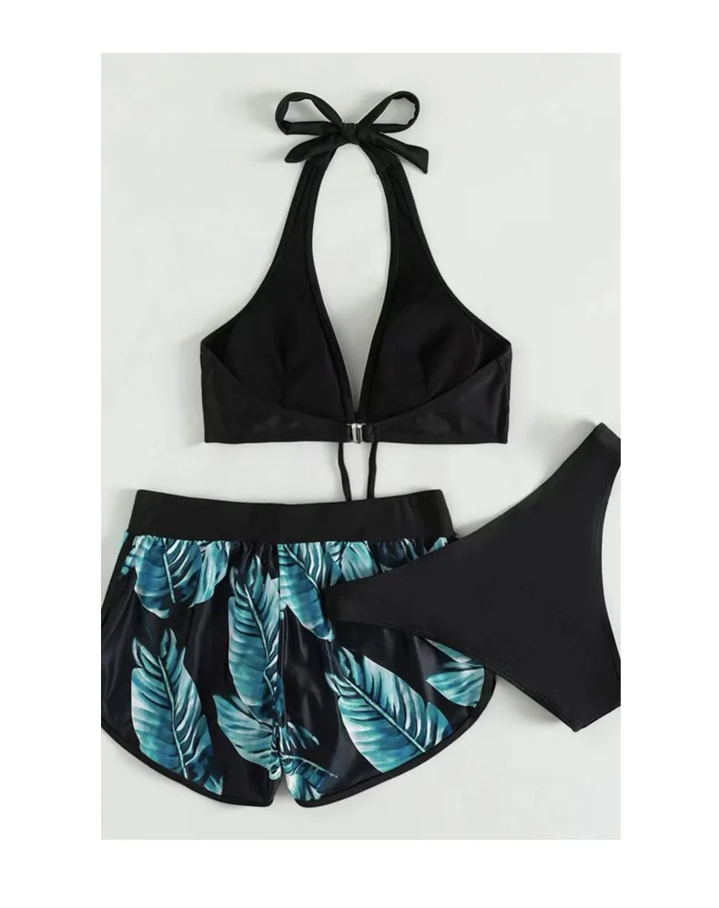Mujeres 2025 Nuevos Bikinis 6 Colores Sexy Halter Bikini Conjunto de 3 piezas Estampado de hojas Traje de baño de talle 