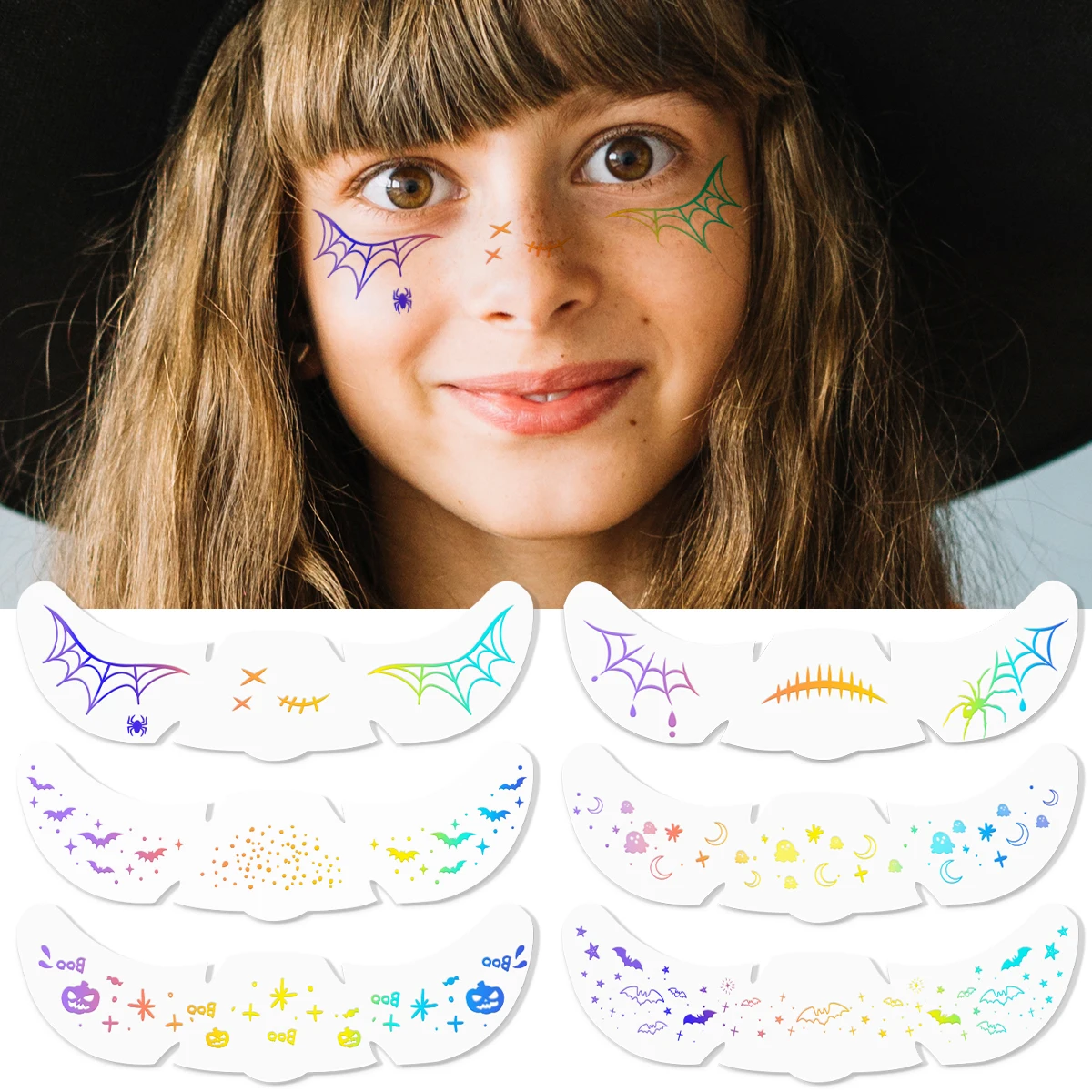 6 قطع من ملصقات وشم الوجه بالليزر للهالوين على شكل قرع الخفافيش العنكبوت المزيفة للنمش ملصقات وشم مؤقت لمهرجان حفلات الموسيقى
