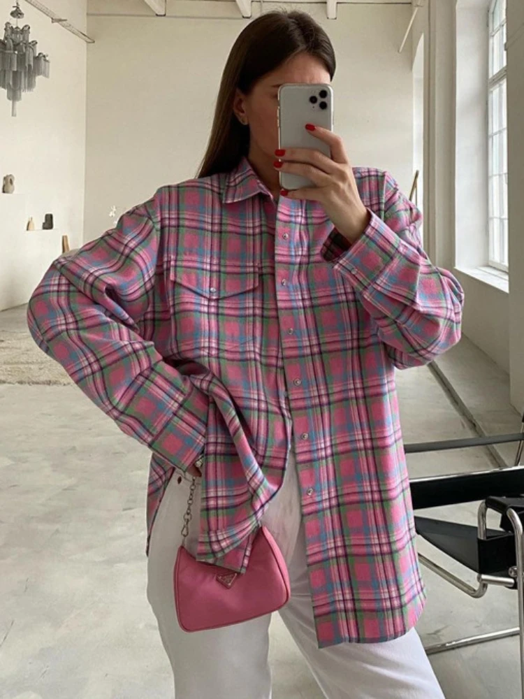 TARUXY Plaid Blouse Women Pink Retro Casual Loose Long Sleeve Womens Tops Autumn Trun Down Fashion Cotton Shirts Ladies Autumn