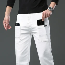 Spring and Autumn Men's Multi-Pocket Design Jeans Fashionable and Versatile White Khaki Red Comfortable Stretch Denim Pants