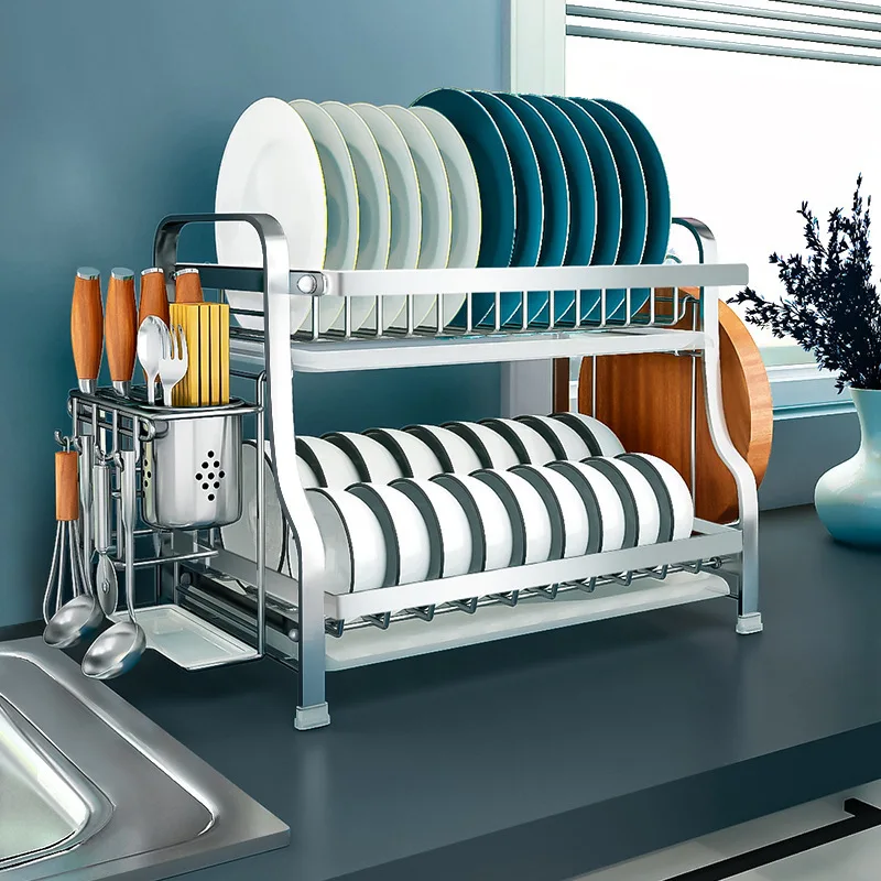 Kitchen dish rack drain multi-functional multi-layer countertop floor with knife chopstick cartridge cutting board plate rack