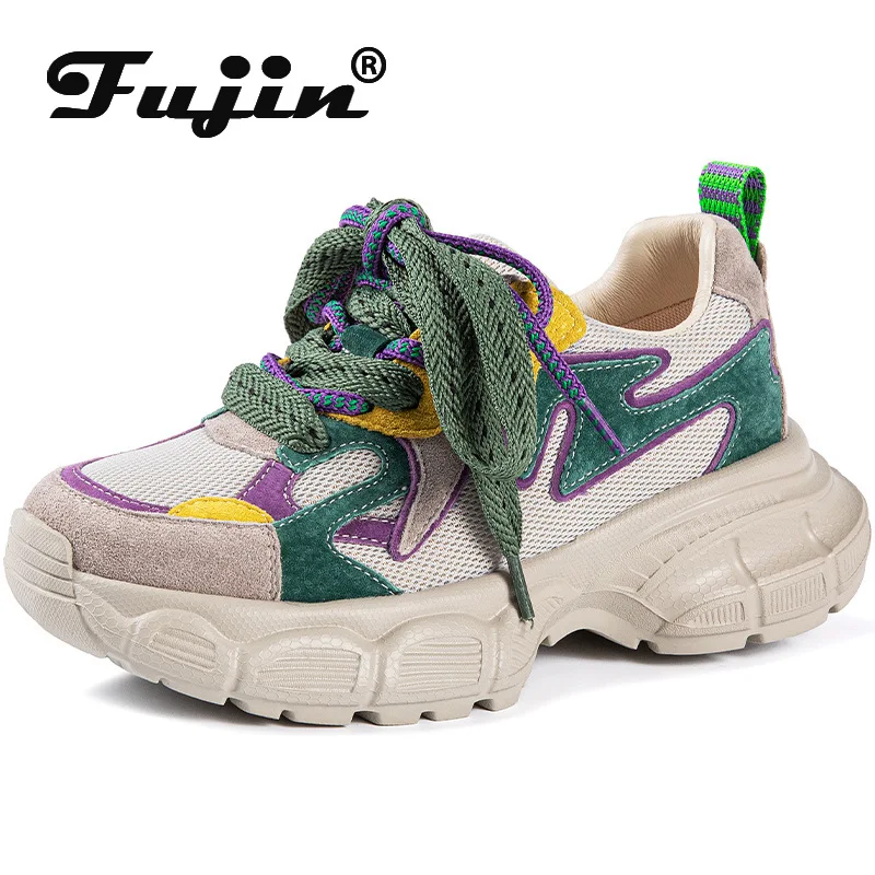 

Fujin 4.5cm Flats Booties Autumn Summer Breathable Shoes Air Mesh Leather Pigskin Women Chunky Sneaker Comfy Spring Ankle Boots