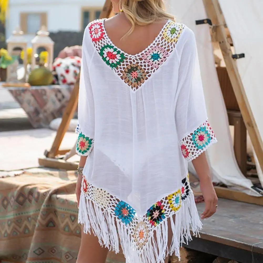 Loose Women Bikini Cover Up Hollow Out Crochet Patchwork Summer Sun Swimwear Tunic Beach Swimsuit Cover Up