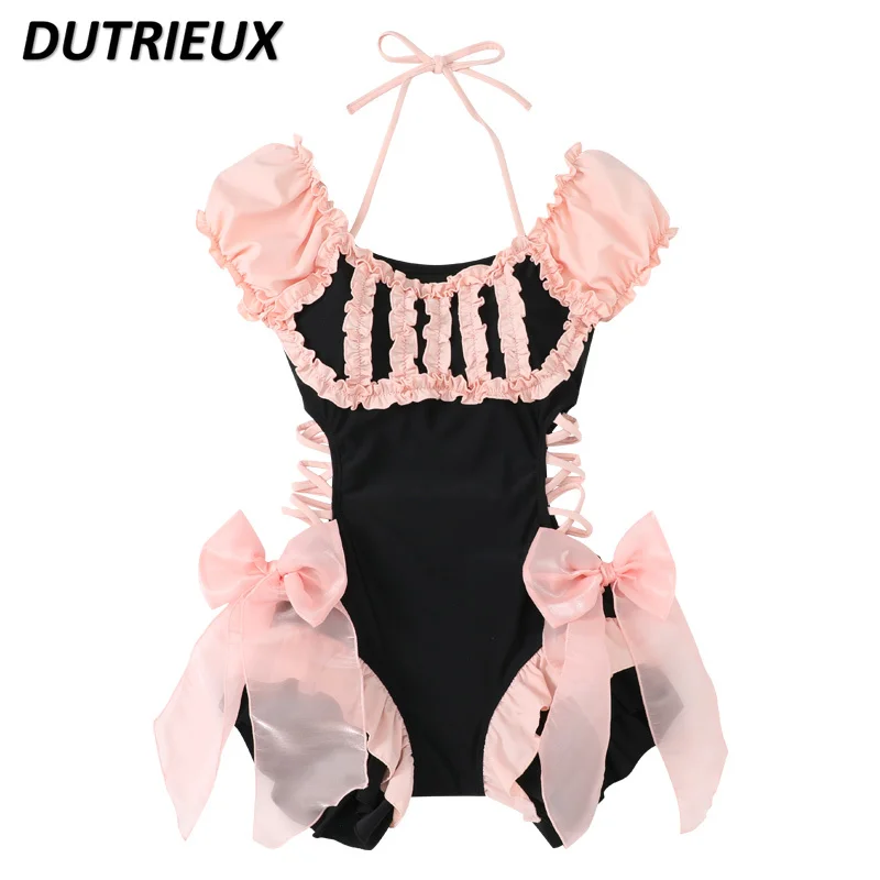 Japanese Girl One-Piece Swimsuit Sweet Cute Girl Bow Tie Sleeveless Female Cute Sister Lace Students Slimming Swimwear