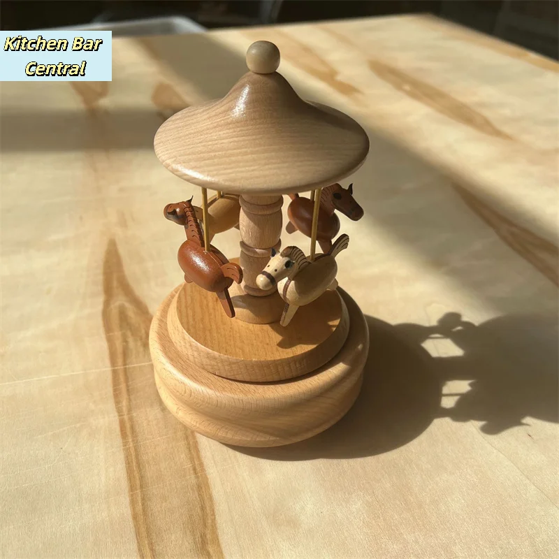 【Wooden Carousel Music Box Ornaments Rotatable Hand-cranked Music Box DIY Handmade Birthday Christmas Gift Children Toy】
